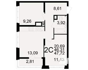 2-к квартира, вторичка, 46м2, 6/25 этаж