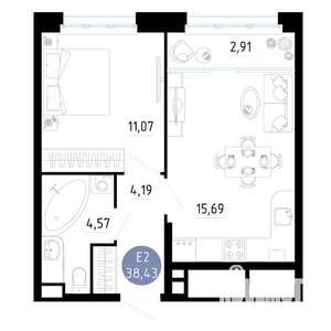 1-к квартира, вторичка, 38м2, 3/20 этаж