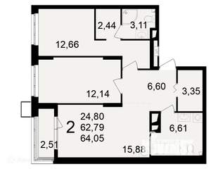 2-к квартира, вторичка, 64м2, 11/24 этаж