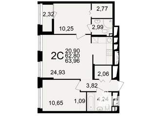 2-к квартира, вторичка, 63м2, 19/25 этаж