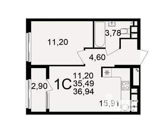 1-к квартира, вторичка, 35м2, 12/21 этаж