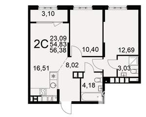2-к квартира, вторичка, 55м2, 14/22 этаж