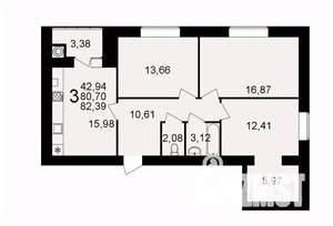 3-к квартира, вторичка, 82м2, 12/16 этаж