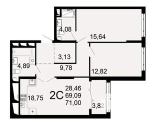 2-к квартира, вторичка, 69м2, 3/26 этаж