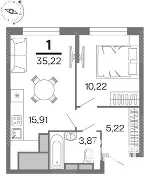1-к квартира, строящийся дом, 35м2, 14/15 этаж