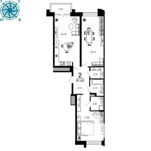 2-к квартира, вторичка, 82м2, 9/19 этаж