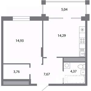 1-к квартира, строящийся дом, 48м2, 5/5 этаж