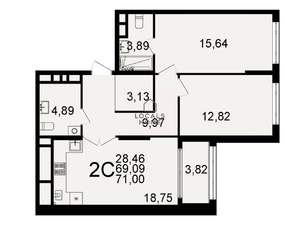 2-к квартира, вторичка, 71м2, 2/26 этаж