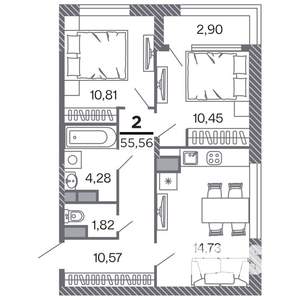 2-к квартира, строящийся дом, 56м2, 2/25 этаж