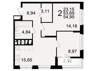 2-к квартира, вторичка, 54м2, 15/25 этаж