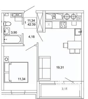 1-к квартира, вторичка, 42м2, 10/26 этаж