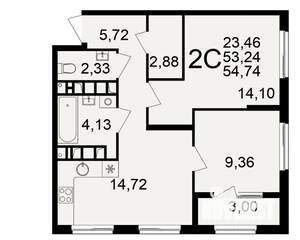 2-к квартира, вторичка, 53м2, 13/21 этаж