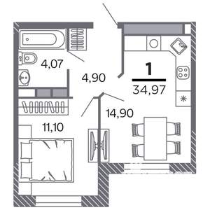 1-к квартира, строящийся дом, 35м2, 17/25 этаж