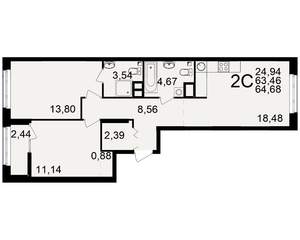 2-к квартира, вторичка, 63м2, 1/25 этаж