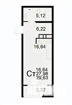 1-к квартира, вторичка, 30м2, 5/22 этаж