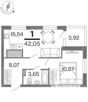 1-к квартира, строящийся дом, 42м2, 3/15 этаж