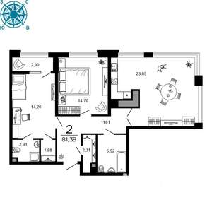2-к квартира, вторичка, 81м2, 2/19 этаж