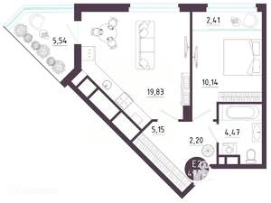 1-к квартира, вторичка, 50м2, 2/19 этаж