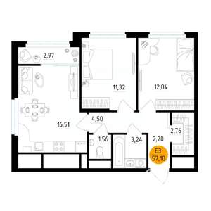 2-к квартира, вторичка, 57м2, 24/25 этаж