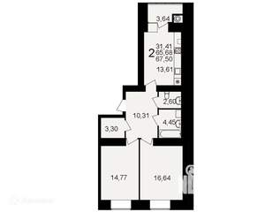 2-к квартира, вторичка, 68м2, 1/16 этаж