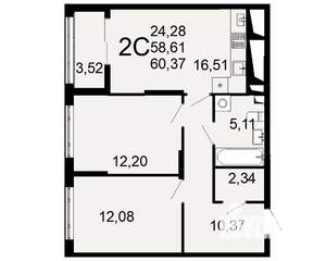 2-к квартира, вторичка, 59м2, 1/26 этаж