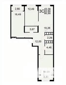 3-к квартира, вторичка, 87м2, 15/22 этаж