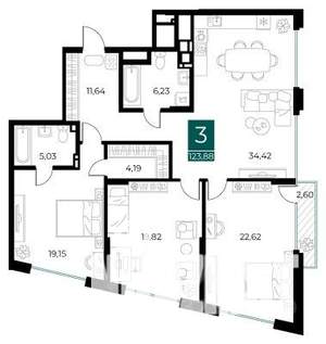 3-к квартира, вторичка, 124м2, 5/14 этаж