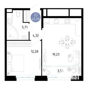1-к квартира, вторичка, 45м2, 6/25 этаж