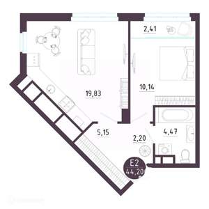 1-к квартира, вторичка, 44м2, 6/19 этаж