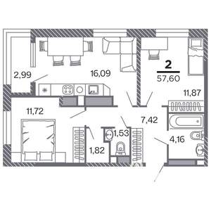 2-к квартира, строящийся дом, 58м2, 19/25 этаж