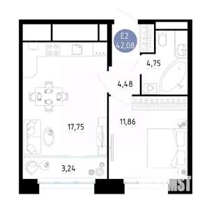 1-к квартира, вторичка, 42м2, 23/25 этаж
