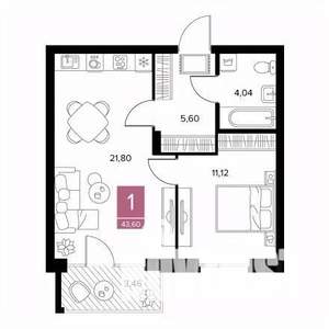 1-к квартира, строящийся дом, 44м2, 6/9 этаж