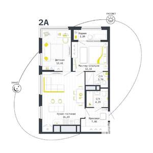 2-к квартира, строящийся дом, 69м2, 21/25 этаж
