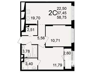 2-к квартира, вторичка, 57м2, 2/25 этаж