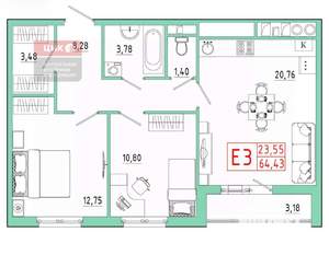 2-к квартира, вторичка, 65м2, 4/8 этаж
