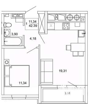1-к квартира, вторичка, 42м2, 12/26 этаж