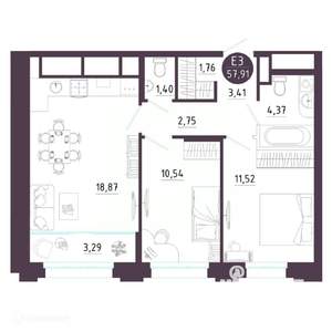 2-к квартира, вторичка, 58м2, 2/19 этаж