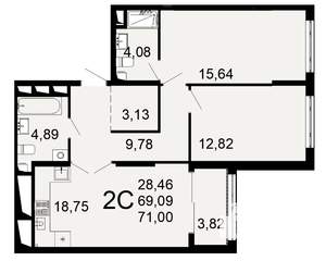 2-к квартира, вторичка, 69м2, 1/26 этаж