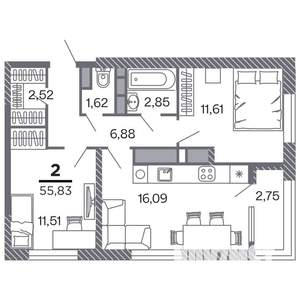 2-к квартира, строящийся дом, 56м2, 16/25 этаж