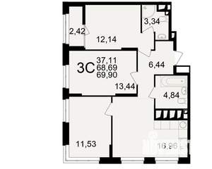 3-к квартира, вторичка, 69м2, 19/25 этаж