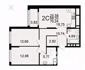 2-к квартира, вторичка, 70м2, 6/26 этаж