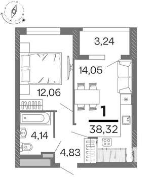 1-к квартира, строящийся дом, 38м2, 8/15 этаж