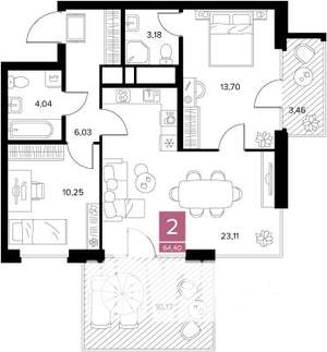 2-к квартира, вторичка, 64м2, 1/9 этаж