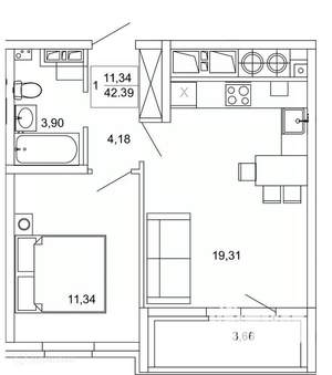 1-к квартира, вторичка, 42м2, 6/26 этаж