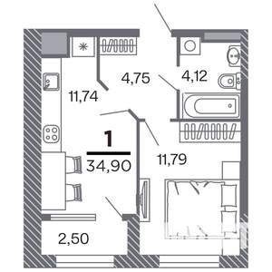 1-к квартира, строящийся дом, 35м2, 2/25 этаж