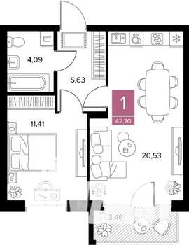 1-к квартира, вторичка, 43м2, 7/9 этаж