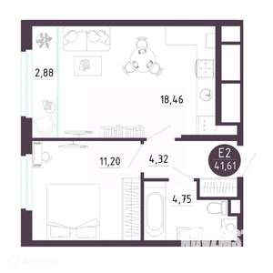 1-к квартира, вторичка, 42м2, 2/19 этаж