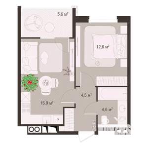 1-к квартира, строящийся дом, 44м2, 7/8 этаж