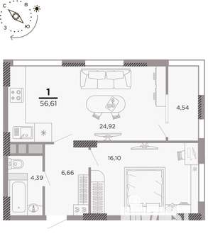 1-к квартира, вторичка, 57м2, 16/25 этаж