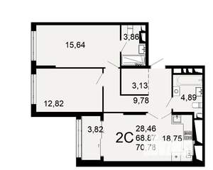2-к квартира, вторичка, 69м2, 21/26 этаж